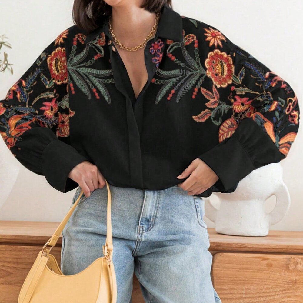 Black Casual Women's emroidered Floral Print Long Sleeve Shirt - Picture 4 of 5